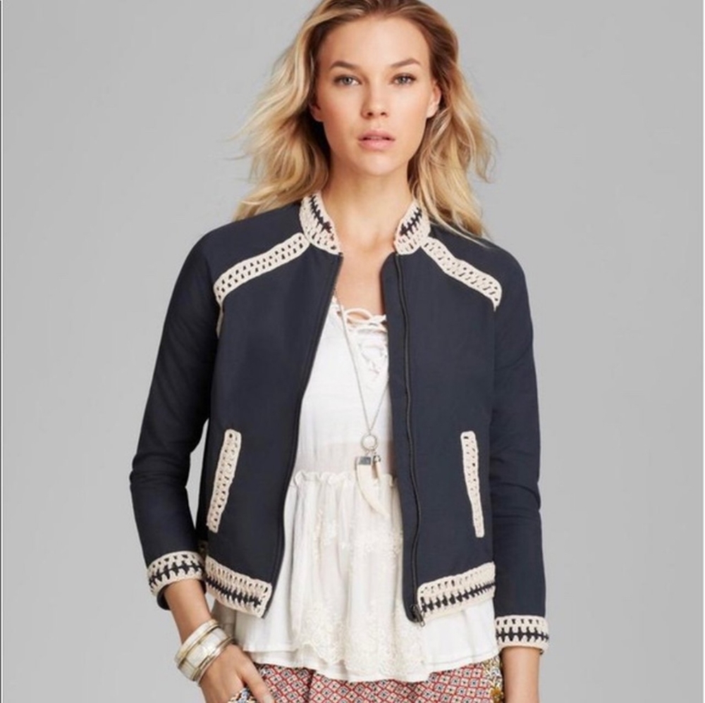 Free People Crochet Inset Baseball Bomber